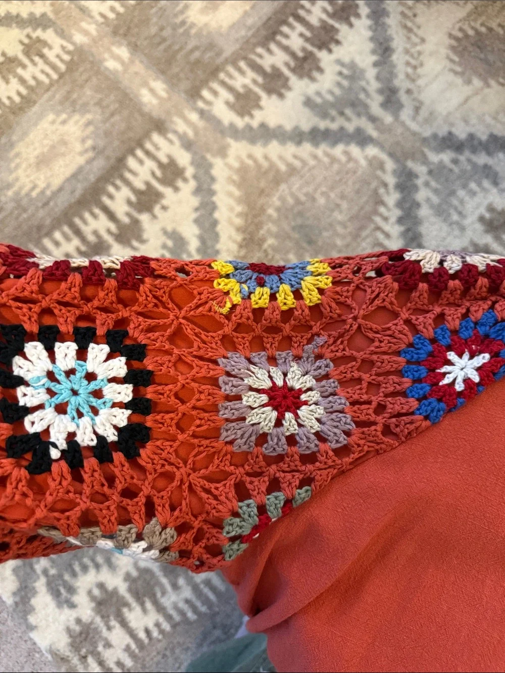 Umgee Rust Woven Tunic with Multicolor Crochet Sleeves - Picture 4 of 12